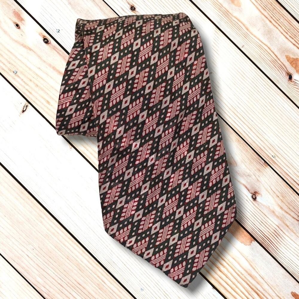 Vintage FENDI Silk Neck Tie - Green & Red Geometric - 4" x 59"